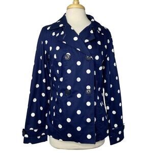MERONA Blue & White Polka Dot Cotton Lined Pea Coat Size Medium Womens Retro